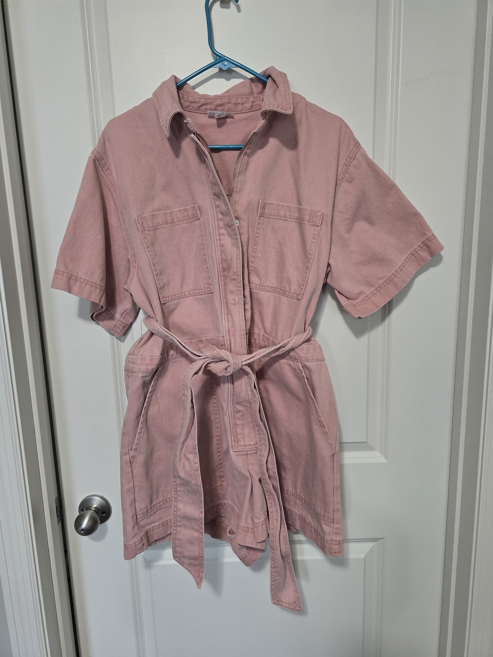 Women's Pink Short-Sleeve Utility Romper with Belt